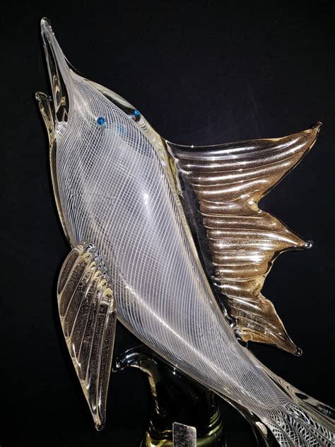 Middle Of Century Large Murano Glass Reticello With Gold Leaf Swordfish