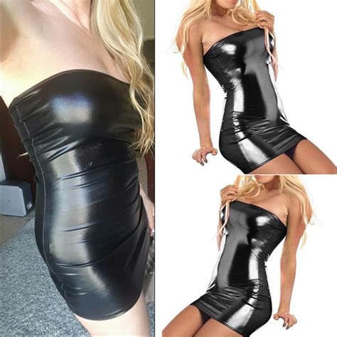 Sexy Wetlook Bandeau Mini Stretch Kleid Gogo Minikleid Lack Leder Optik