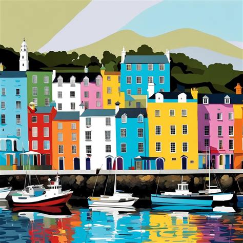 Poster Art Colourful Portmeirion Village From The Sea Ai Generated