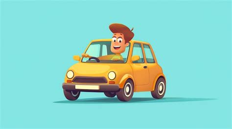 Cartoon Illustration Of A Happy Man Driving A Yellow Car Premium Ai