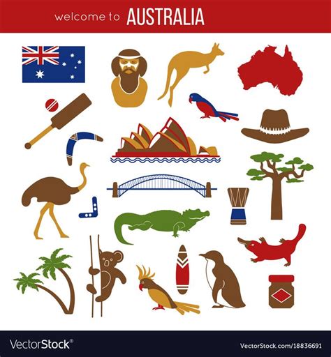 Set Of Australia Culture Symbols Collection Icons Kangaroo And Koala