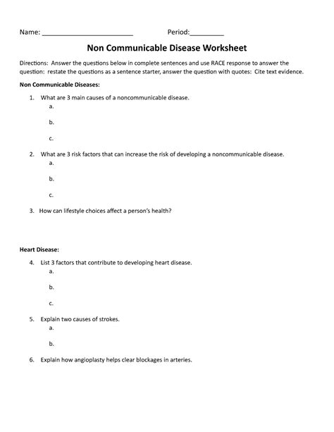 Noncommunicable Disease Worksheet Name