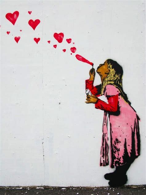 Graffiti Girl Blowing Heart Bubbles Up To The Sky Graffiti Art