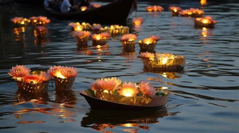 Premium Ai Image Lotus Flowers Float On The Water With A Boat And