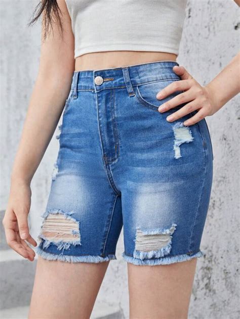 Teen Girls Ripped Raw Hem Denim Shorts Shein Uk