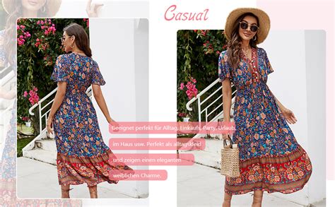 Clearlove Damen Sommerkleid Boho Kurzarm Midi Kleider V Ausschnitt