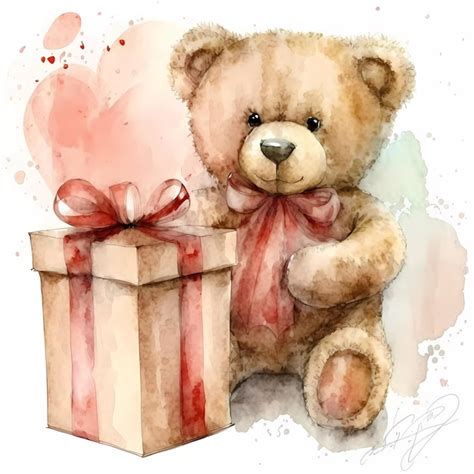 Una Pintura De Acuarela De Un Oso De Peluche Y Una Caja De Regalo