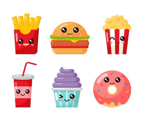 Comida Rápida Kawaii Set Estilo De Dibujos Animados Aislado Vector