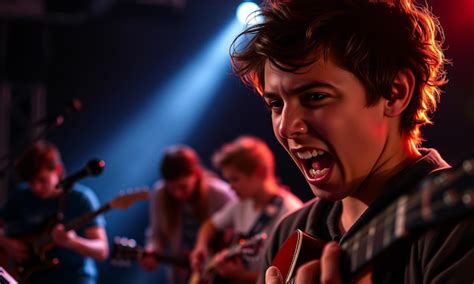 vibrant  energetic guitar  scene captured   dark