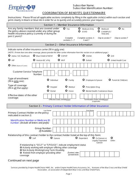 Coordination Of Benefits Questionnaire Form Empire Blue Cross Blue