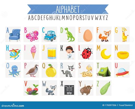 Illustrated Alphabet Letters And Cartoon Objects Stock Vector