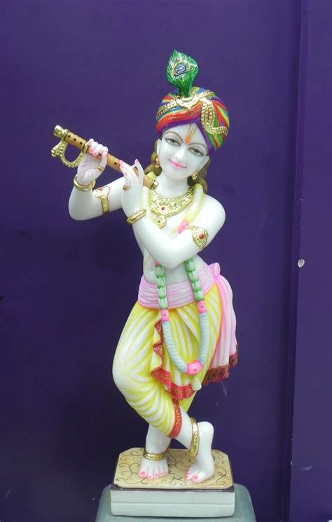 White Painted Lord Krishna Marble Statue For Worship Size 12 Inches