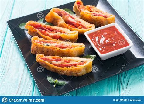 Pizza Roll Stromboli With Cheese Salami Olives And Tomatoes Stock Image Image Of Ingredients