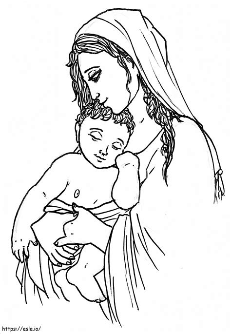 Mãe Maria Segurando o Menino Jesus para colorir