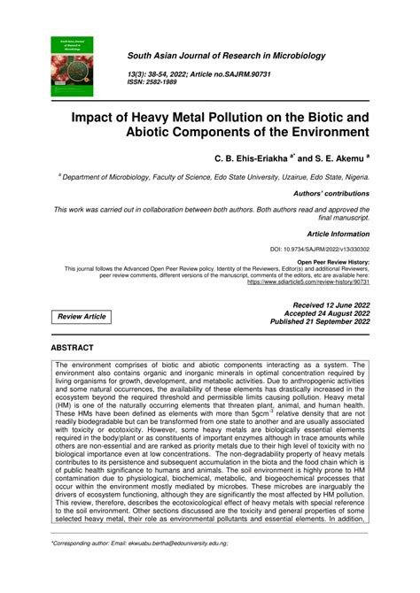 Pdf Impact Of Heavy Metal Pollution On The Biotic And Abiotic Components Of The Environment