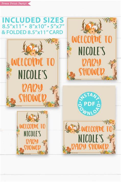 Woodland Baby Shower Welcome Sign Printable Press Print Party