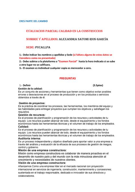 Examen Parcial Calidad ERES PARTE DEL CAMBIO EVALUACION PARCIAL