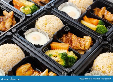 Japanese Bento Box Japanese Food Lunch Boxes In Plastic Packages Fried Rice With Teriyaki