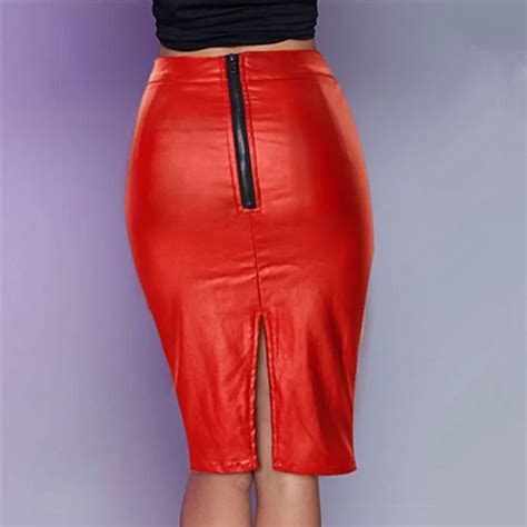 Red Faux Leather Skirts Ladies Midi Pu Pencil Skirt Women Summer High