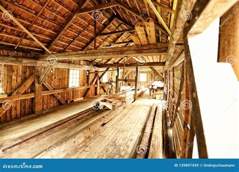 Historic Saw-mill Interior with Wooden Roof Stock Image - Image of ...