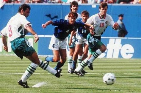 Italy 2 Bulgaria 1 in 1994 in New Jersey. Hristo Stoichkov scores from the penalty spot on 44 ...