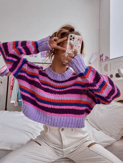 Striped Pattern Drop Shoulder Sweater Crochet Clothes Sweaters For