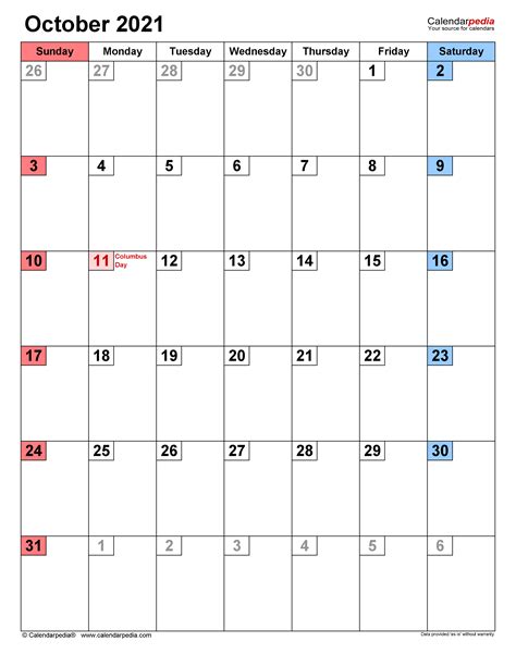 October 2021 Calendar Templates For Word Excel And Pdf