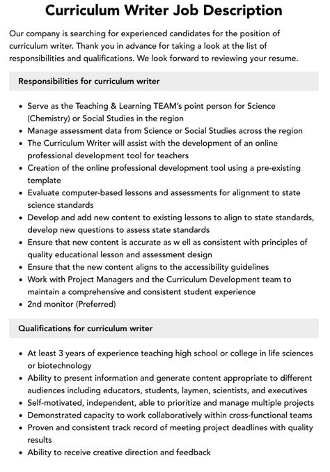 Curriculum Writer Job Description Velvet Jobs