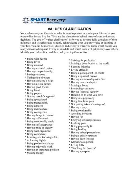 Values Clarification Smart Recovery Worksheets Library