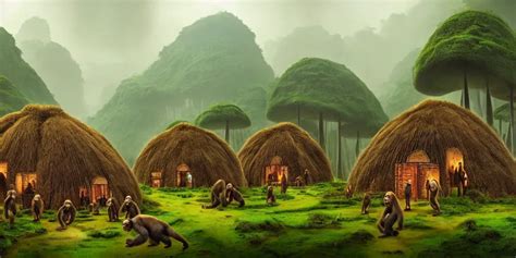 A Jungle Village Of Alino Gorillas And Their Mushroom Stable Diffusion