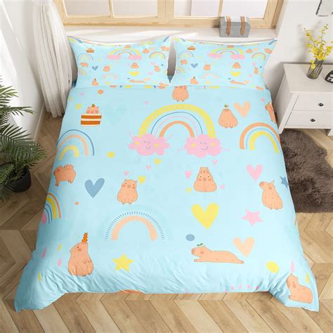 Yst Capybara Decor Bedding Set Girly Rainbow Duvet Cover Full Cartoon