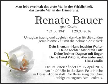 Traueranzeigen Von Renate Bauer Abschied Nehmen De