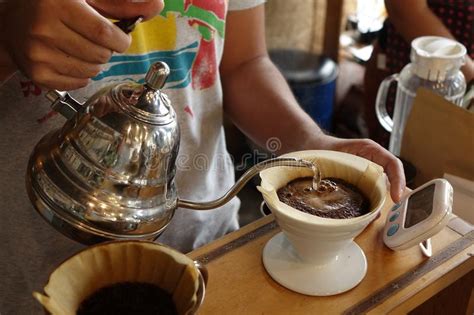 Pouring Hot Water Into Coffee Drip Filter Stock Photo Image Of Brewed