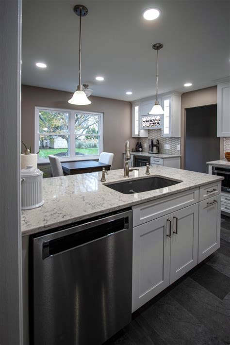 Grey and White Shaker Kitchen with Quartz Countertops and Picket-Style ...