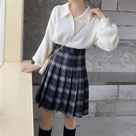 Knee Length Pleated Plaid Skirt Women Plus Size Navy Black Pleated