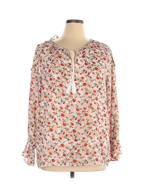 Suzanne Betro 100 Polyester Floral Tan Long Sleeve Blouse Size XL 82