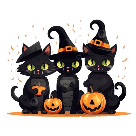 Halloween Cats, Black Cats With A Pumpkin, In Costumes And With A Potion, Flat Vector ...