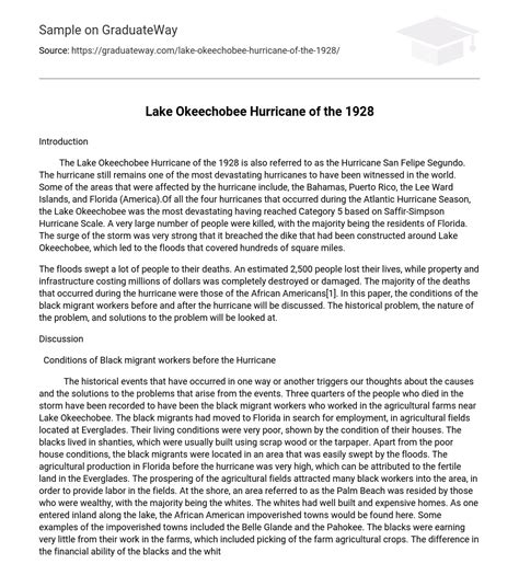 ⇉Lake Okeechobee Hurricane of the 1928 Essay Example | GraduateWay