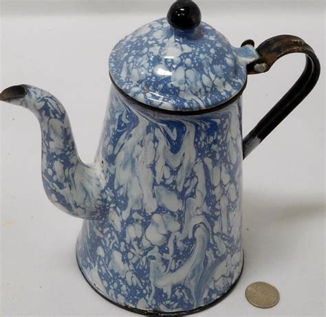 Lot Antique Blue White Swirl Graniteware Gooseneck Coffee Pot W