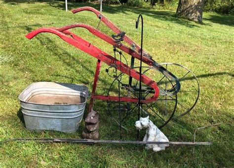 Two Antique Cultivators, Galvanised Wash Basin, 5’ Double Shepard Hook + Garden Decor - Sherwood ...