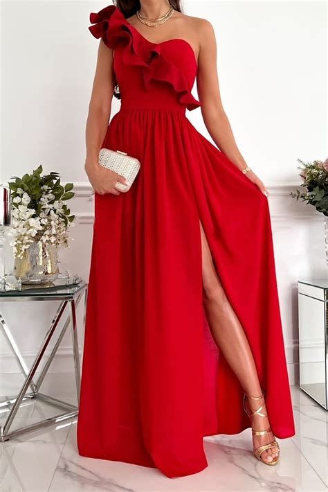 Casual Solid Flounce One Shoulder Cake Skirt Dresses 6 Colors Maxi Dress Evening Dress First