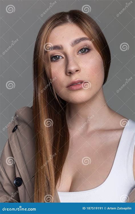 Caucasian Girl With Long Hair Looking At Camera Beauty Portrait Model Tests Stock Image