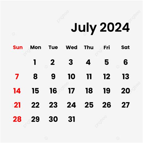 Calendário Julho 2024 Vetor PNG Julho 2024 Calendário Imagem PNG e