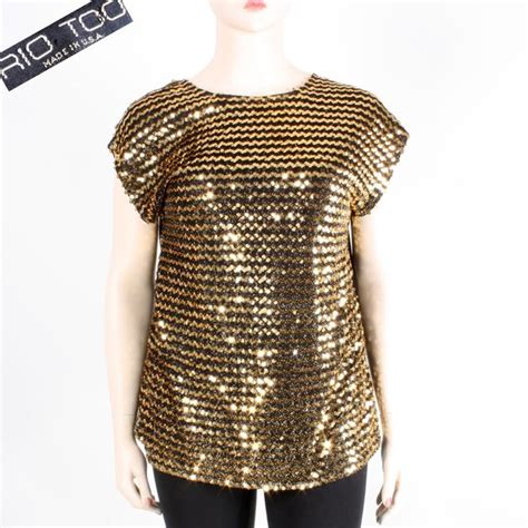 Rio Too Tops L Vintage 97s Gold Sequin Short Slv Shirt Zig Zag Top