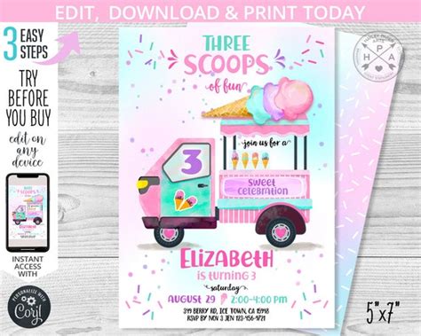 Ice Cream Truck Birthday Three Scoops Of Fun Invitation 3rd Purple Pink