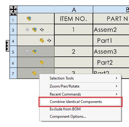 Combine Identical Components Command In SOLIDWORKS BOM Table