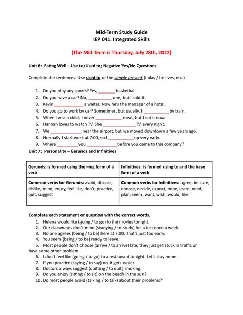 Mid Term Study Guide Integrated Skills Mid Term Study Guide Iep