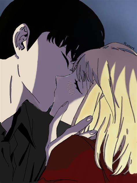 An Anime Scene With Two People Kissing And One Is Holding The Other S Head