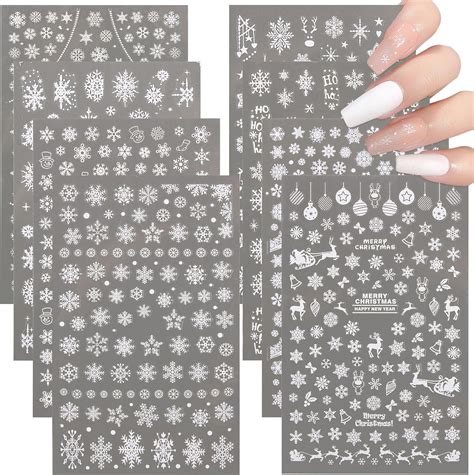 BETESSIN 8 Blatt Nagelsticker Weihnachten Schneeflocken Weiß