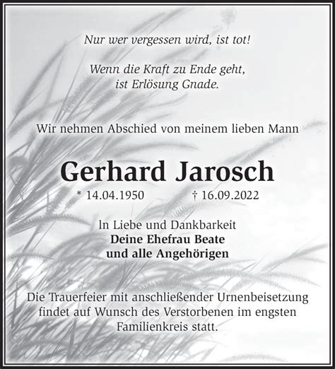 Traueranzeigen von Gerhard Jarosch Märkische Onlinezeitung Trauerportal